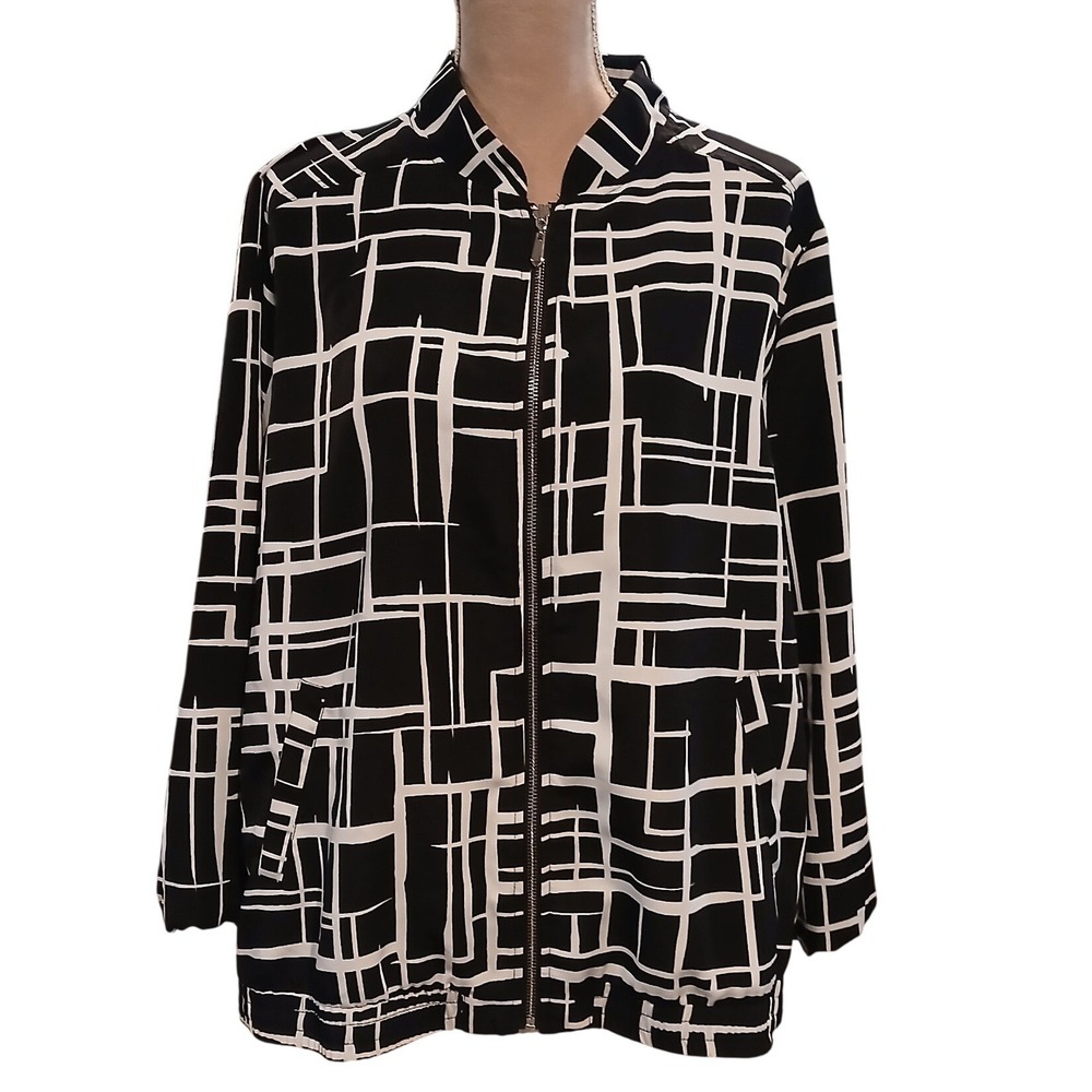 Susan Graver 2x Black and White Geometric Zip Up Bomber Jacket Womens Spring